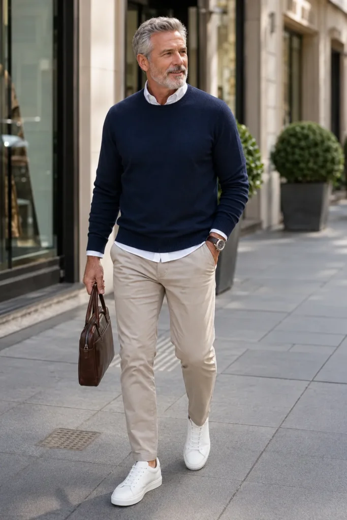 photograph featuring a stylish 59-year-old man with short gray hair, neatly trimmed gray beard