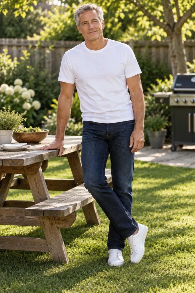 photograph of a relaxed 57-year-old man with short gray hair and a clean-shaven face standing beside a wooden picnic table in a sunny backyard