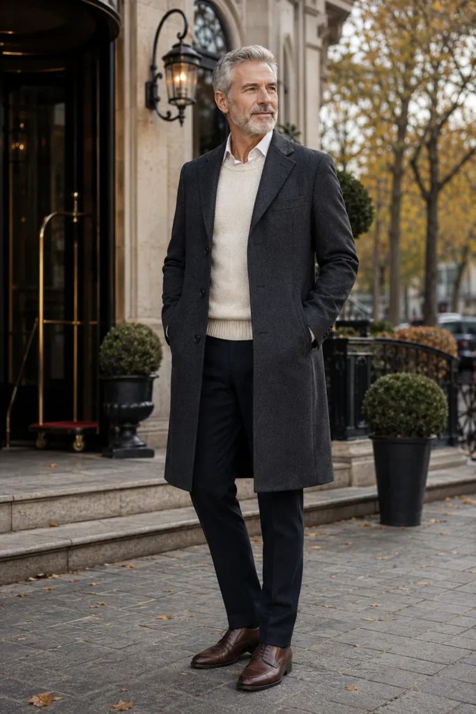 photograph featuring a distinguished 64-year-old mature man with short silver hair and neatly trimmed gray beard, wearing a long charcoal wool overcoat over a cream knit sweater, white shirt, dark tailored trousers