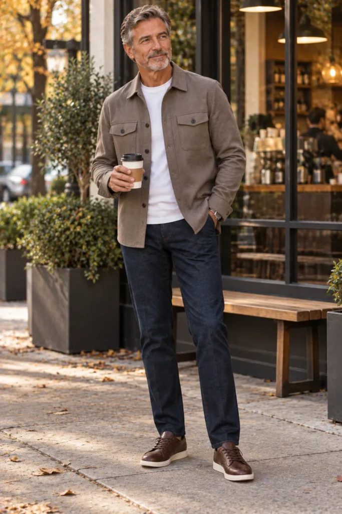 photograph of a mature man around 57 wearing a structured taupe wrinkle-resistant overshirt over a plain white crewneck T-shirt
