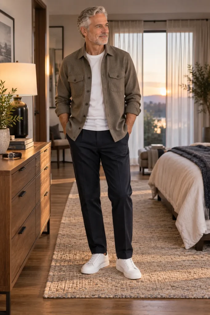 photo representing a mature man using one modern fashion detail in a classic outfit