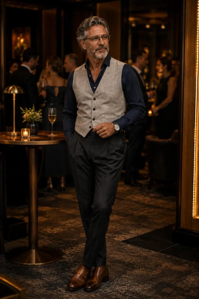 photograph of a distinguished 60-year-old man at an upscale evening cocktail party