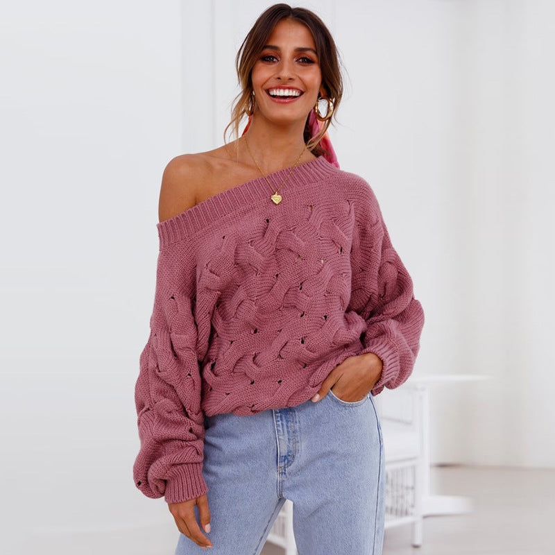 Women's Off-shoulder Twist Knitted Sweater Lantern Long Sleeve Loose Bat Pullover