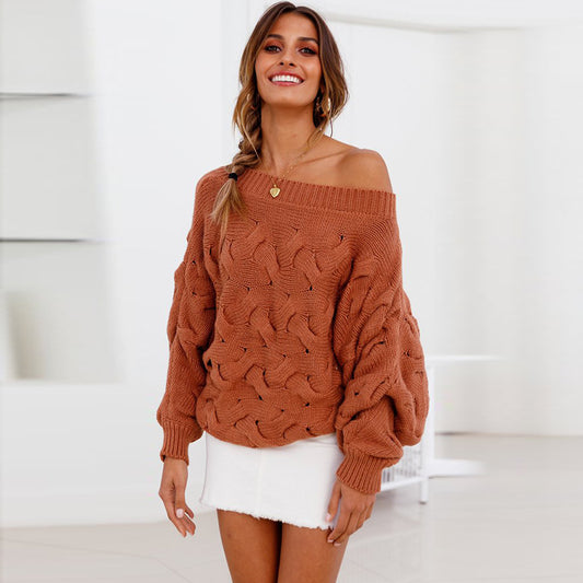 Women's Off-shoulder Twist Knitted Sweater Lantern Long Sleeve Loose Bat Pullover