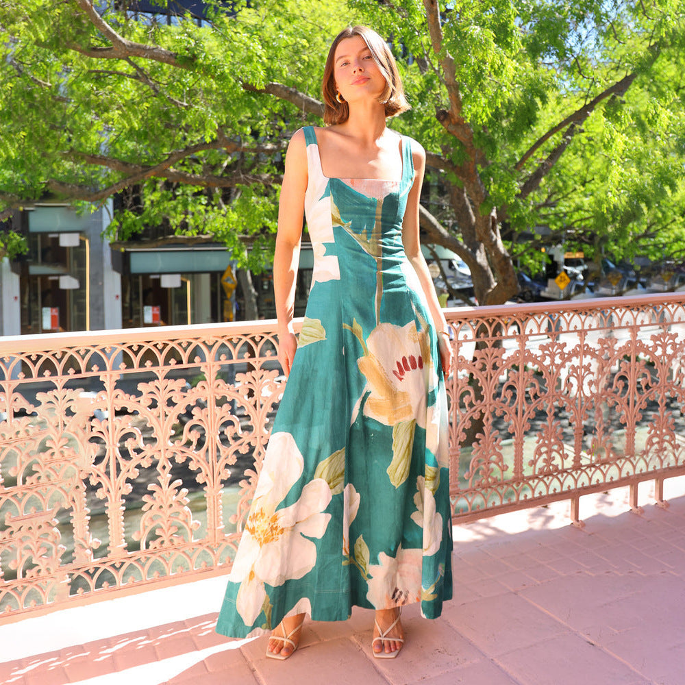 Retro Sleeveless Printed Sling Maxi Dress