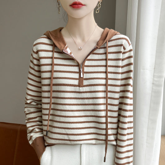 Women's Striped Hooded Long-sleeved Knitted Sweater