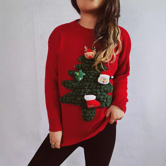 Flocking Loose New Year Red Sweater For Women