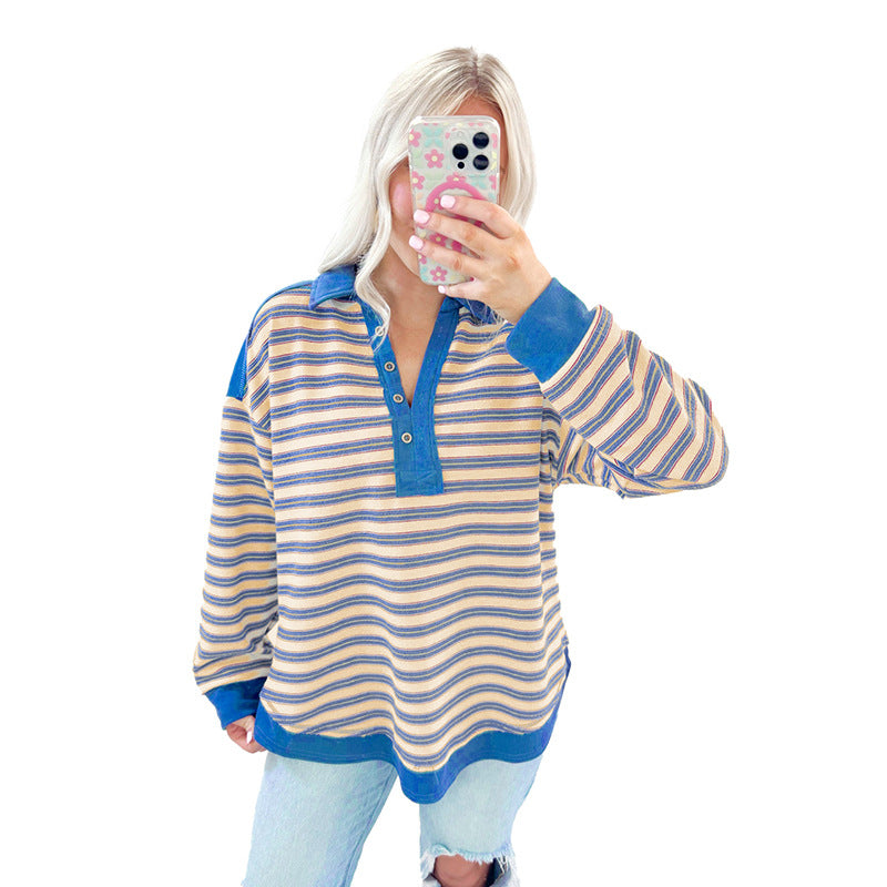 Loose All-matching Striped Color Matching Drop-shoulder Long-sleeve T-shirt