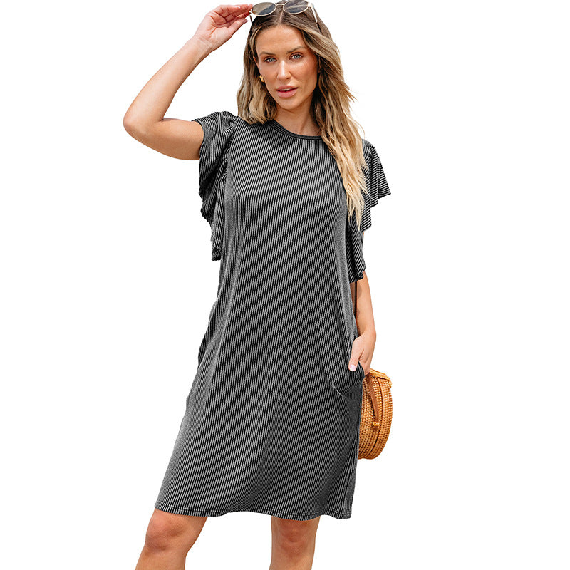 Pullover Round Neck Dress Loose Casual Style Texture Knee-length