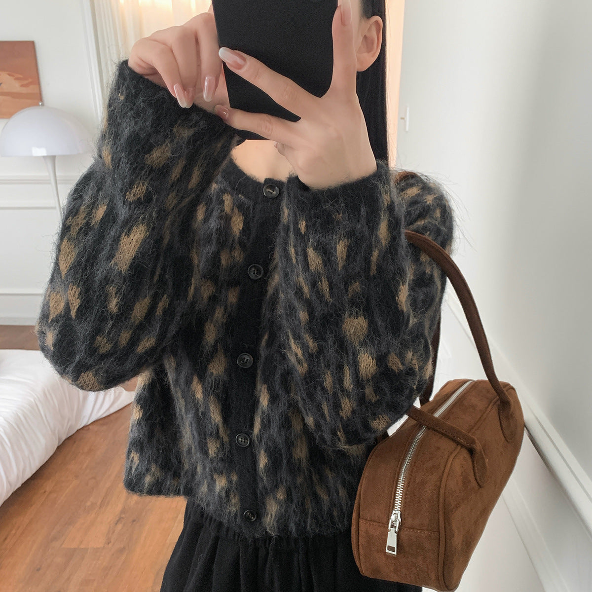 Casual Style Soft Glutinous Atmosphere Leopard Print Round Neck Cardigan Short Coat