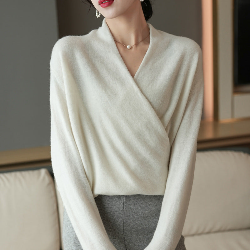 Cross Collar Pure Wool Sweater Female Slim Fit Pullover