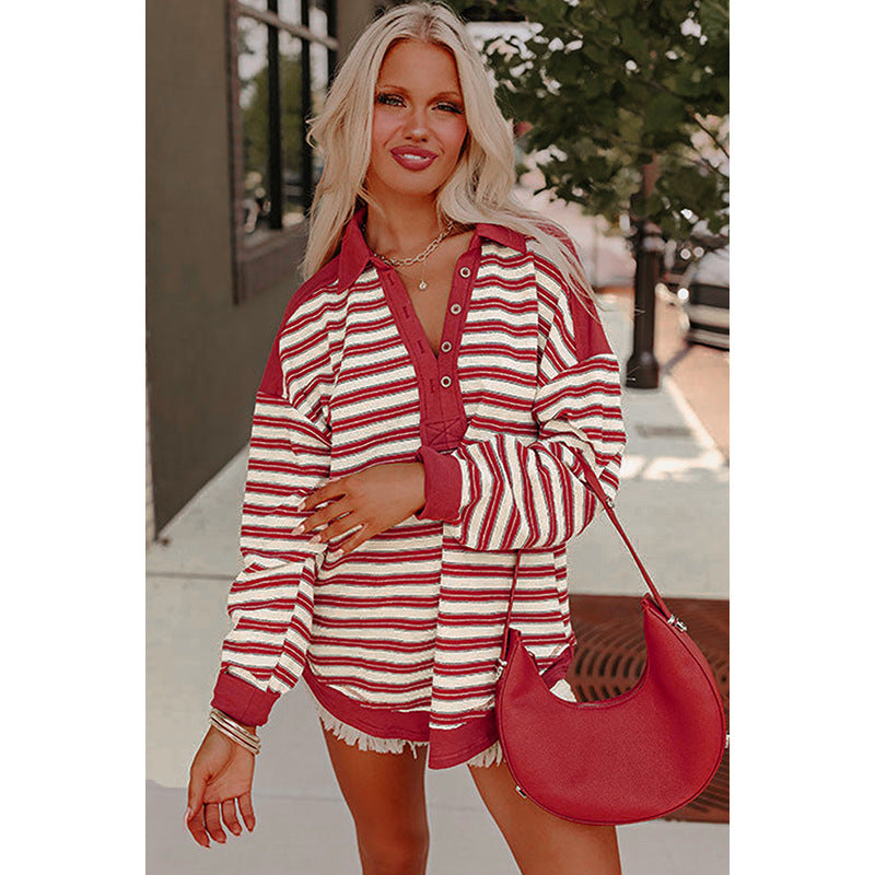 Loose All-matching Striped Color Matching Drop-shoulder Long-sleeve T-shirt