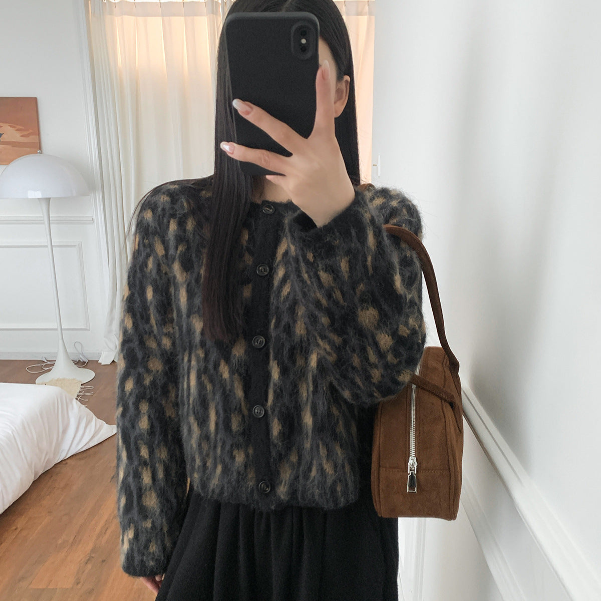 Casual Style Soft Glutinous Atmosphere Leopard Print Round Neck Cardigan Short Coat