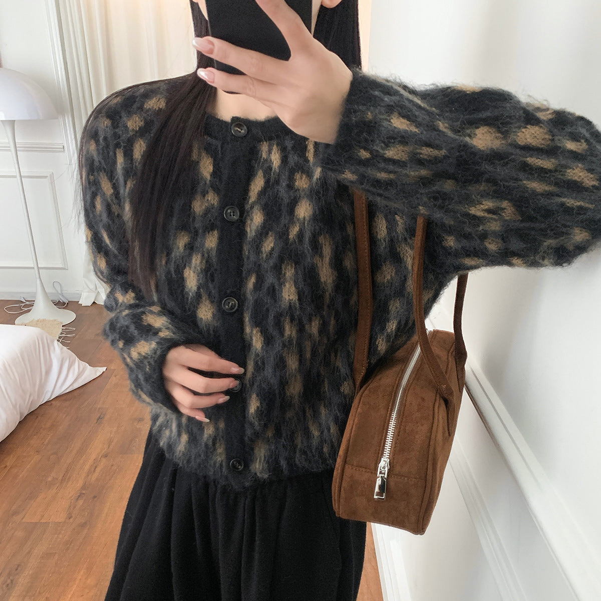 Casual Style Soft Glutinous Atmosphere Leopard Print Round Neck Cardigan Short Coat