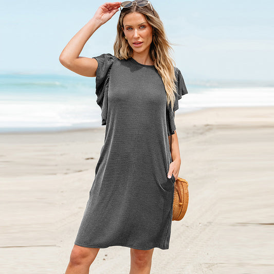 Pullover Round Neck Dress Loose Casual Style Texture Knee-length