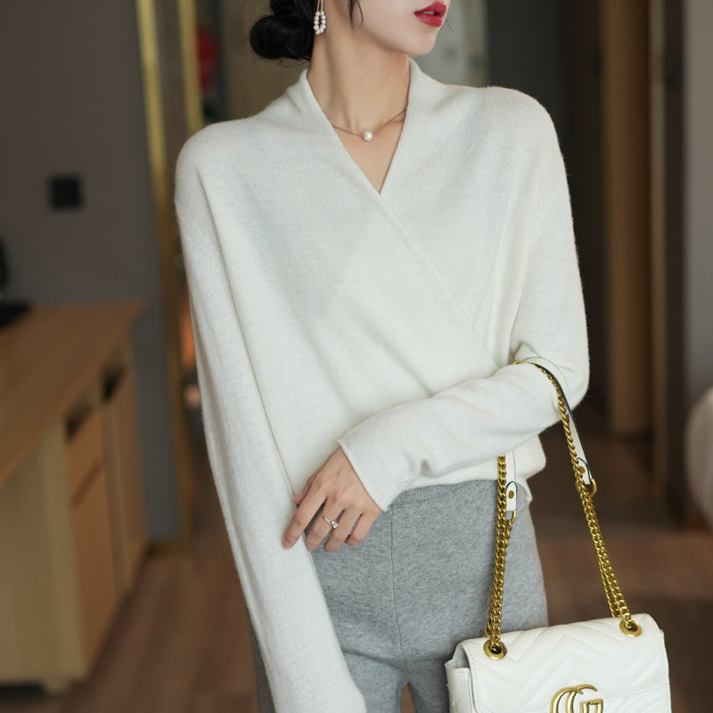 Cross Collar Pure Wool Sweater Female Slim Fit Pullover