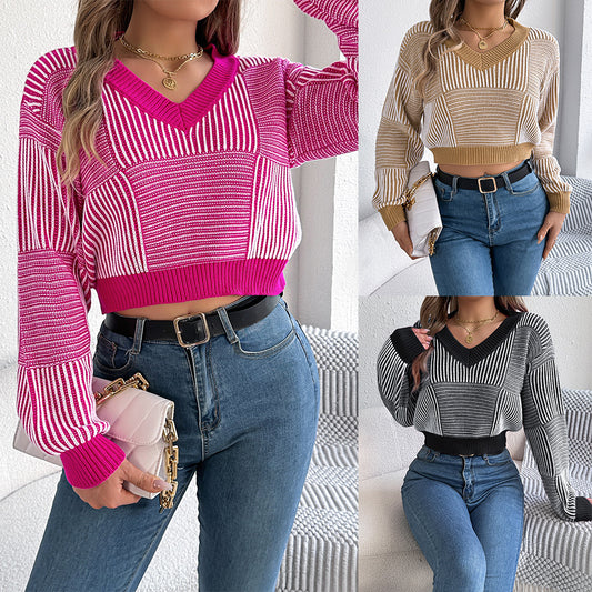 Striped Lantern Sleeve Pullover Midriff-baring Sweater Women's Clothing