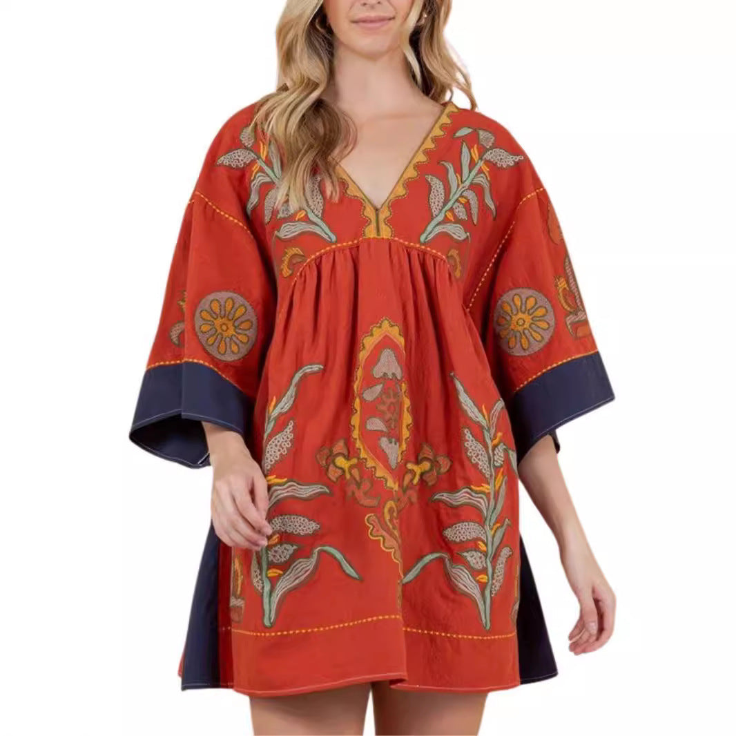 Women's Floral Printed 34 Sleeves V-neck Dress