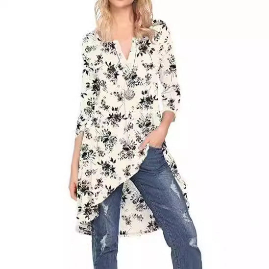 European And American Leisure Long Floral V-neck Printed Mid-length A- Line Dress