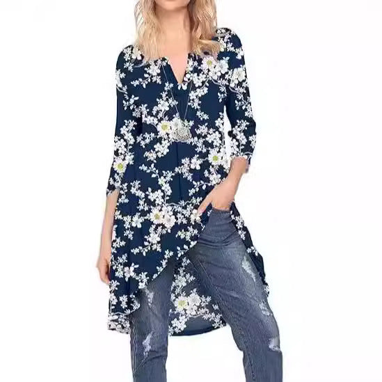 European And American Leisure Long Floral V-neck Printed Mid-length A- Line Dress