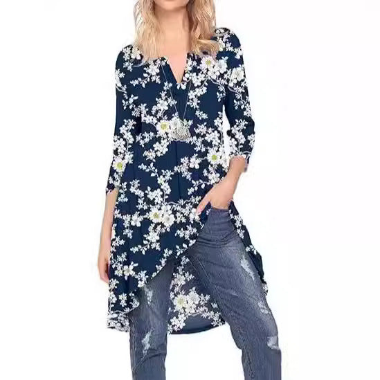 European And American Leisure Long Floral V-neck Printed Mid-length A- Line Dress