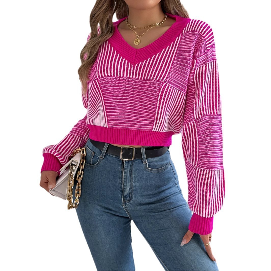 Striped Lantern Sleeve Pullover Midriff-baring Sweater Women's Clothing