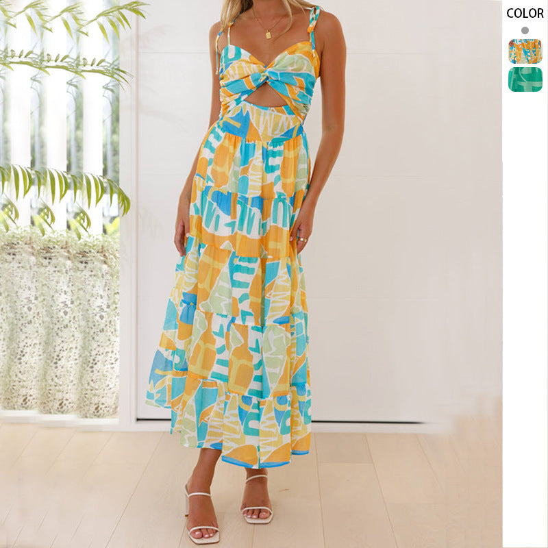 Fashion Printed Spaghetti Straps Sleeveless Long Dress