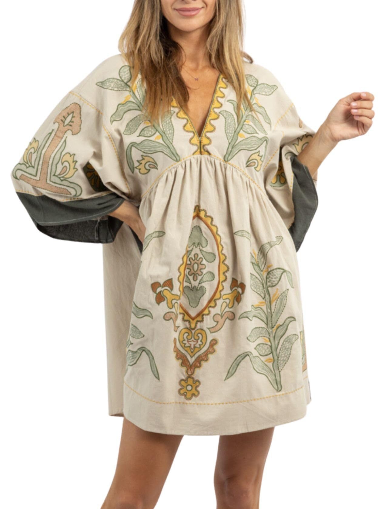 Women's Floral Printed 34 Sleeves V-neck Dress