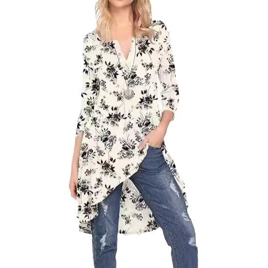 European And American Leisure Long Floral V-neck Printed Mid-length A- Line Dress