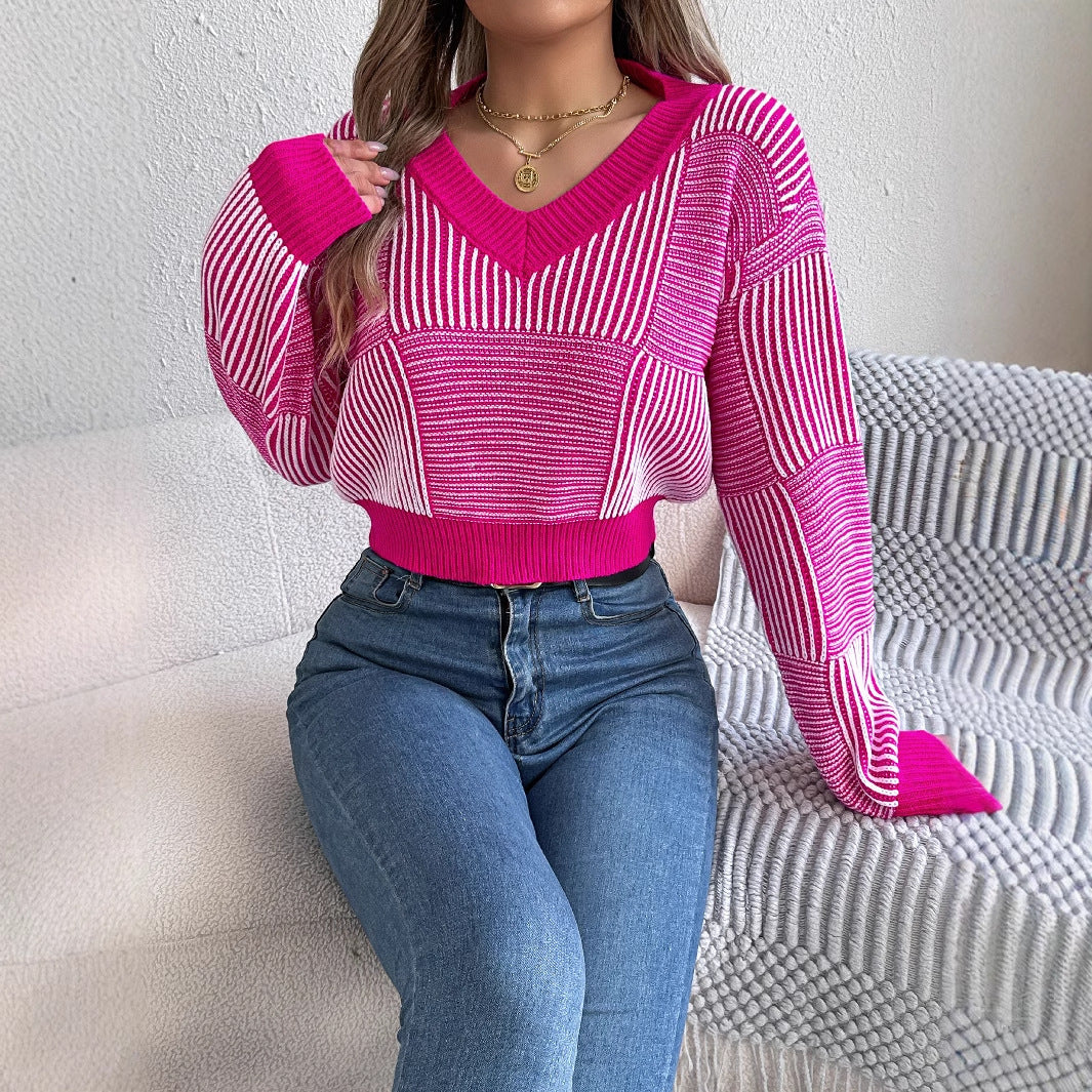 Striped Lantern Sleeve Pullover Midriff-baring Sweater Women's Clothing