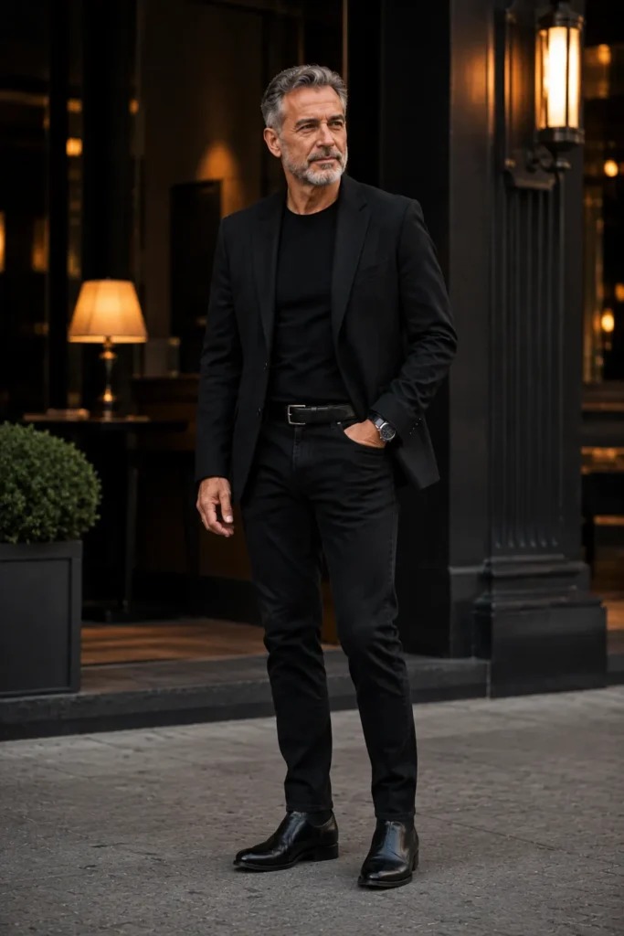 photograph featuring a distinguished 58-year-old mature man with short gray hair and neatly trimmed beard