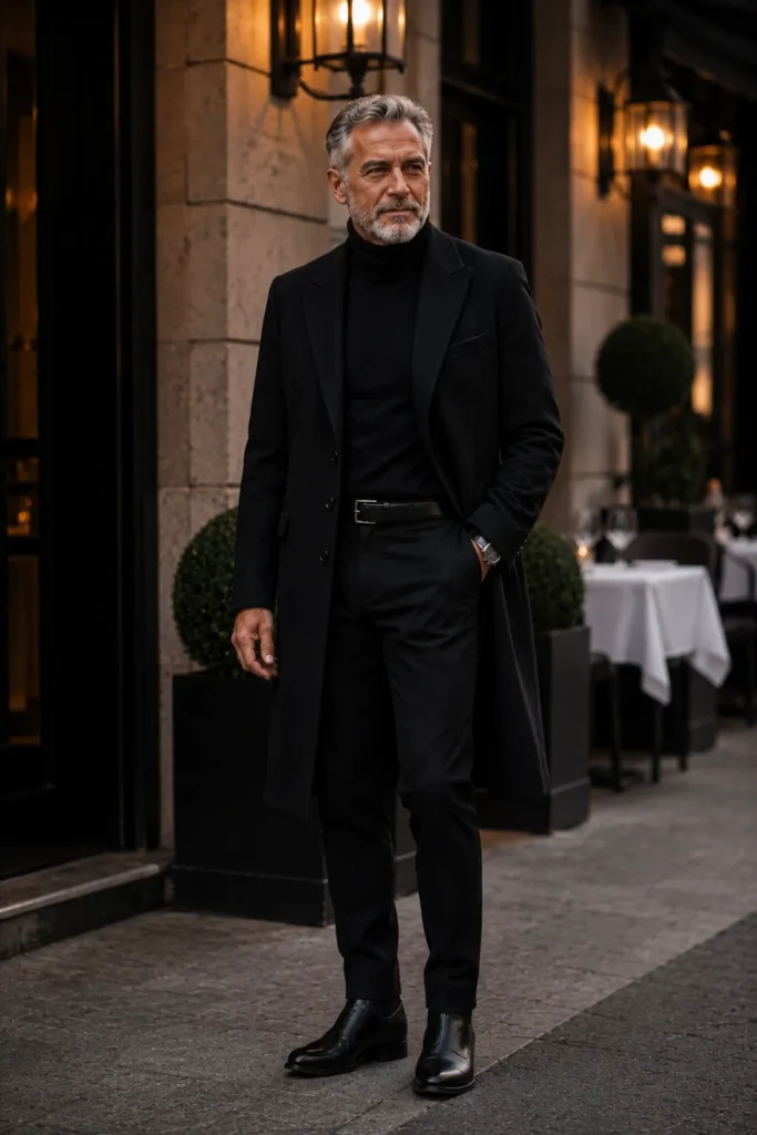 photograph featuring a distinguished 61-year-old mature man with short silver-gray hair and a neatly trimmed beard