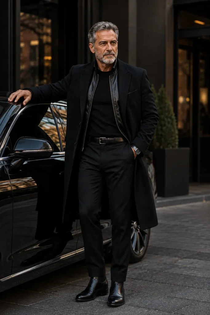 photograph featuring a rugged but refined 59-year-old mature man with short salt-and-pepper hair and neatly trimmed beard