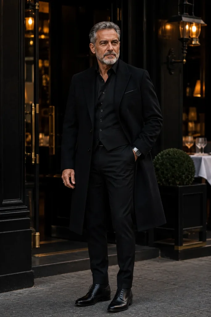 photograph featuring an elegant 62-year-old man with neatly styled silver-gray hair and a short trimmed beard,